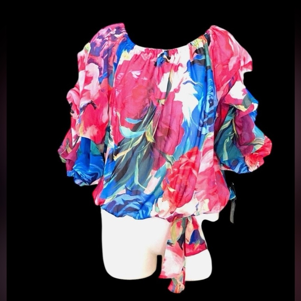 NEW Prelude Womens Floral Blouse 3/4 Sleeve Scoop Neck Pullover Top S